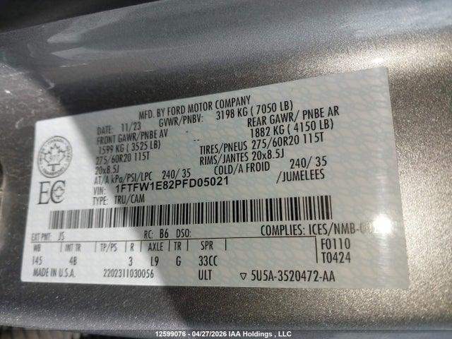 12599076 :رقم المزاد ، 1FTFW1E82PFD05021 vin ، 2023 Ford F150 Supercrew مزاد بيع