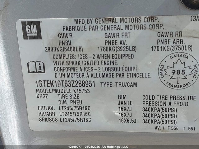 Aukcja sprzedaży 2003 Gmc New Sierra K1500, vin: 1GTEK19T63Z288951, numer aukcji: 12599077