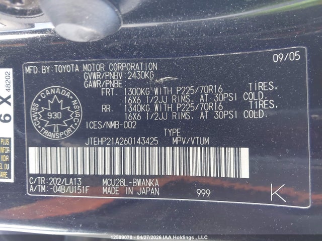 2006 Toyota Highlander V6 მანქანა იყიდება აუქციონზე, vin: JTEHP21A260143425, აუქციონის ნომერი: 12599078