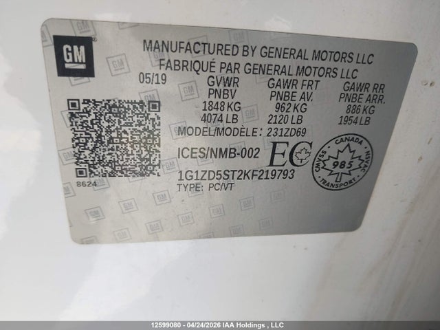 Aukcja sprzedaży 2019 Chevrolet Malibu Lt, vin: 1G1ZD5ST2KF219793, numer aukcji: 12599080