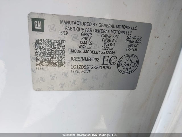 Aukcja sprzedaży 2019 Chevrolet Malibu Lt, vin: 1G1ZD5ST2KF219793, numer aukcji: 12599080