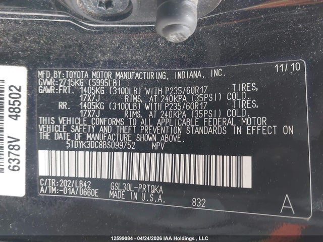 2011 Toyota Sienna Xle/limited მანქანა იყიდება აუქციონზე, vin: 5TDYK3DC8BS099752, აუქციონის ნომერი: 12599084