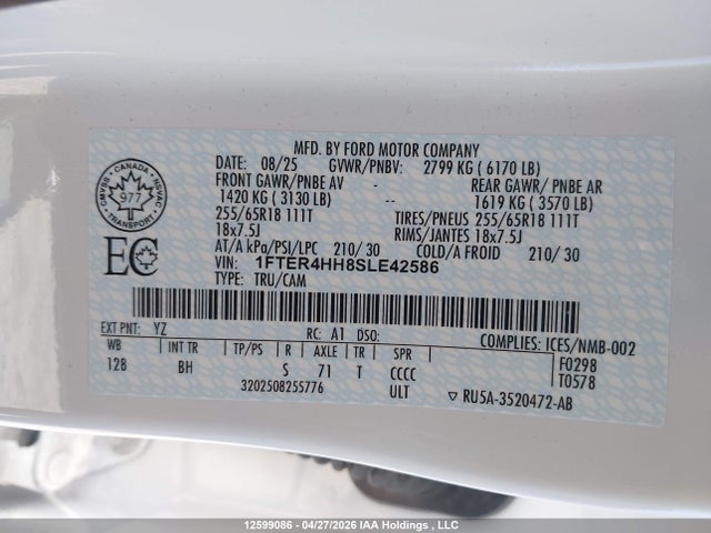 Продаж на аукціоні авто 2025 Ford Ranger Xlt, vin: 1FTER4HH8SLE42586, номер лоту: 12599086
