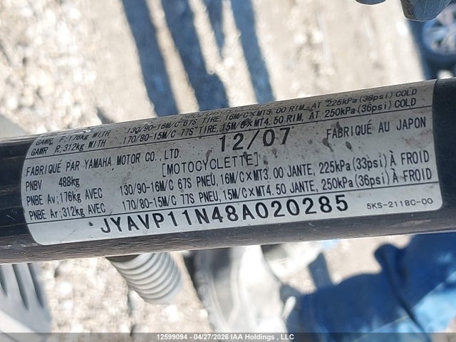 12599094 :رقم المزاد ، JYAVP11N48A020285 vin ، 2011 Yamaha  مزاد بيع