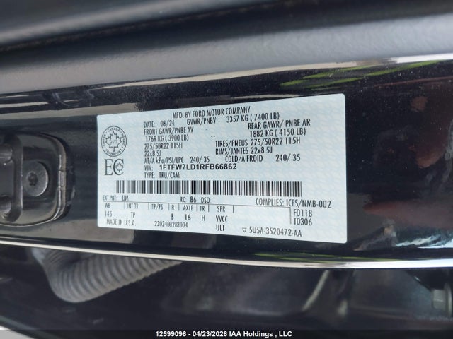 Aukcja sprzedaży 2024 Ford F150 Platinum, vin: 1FTFW7LD1RFB66862, numer aukcji: 12599096