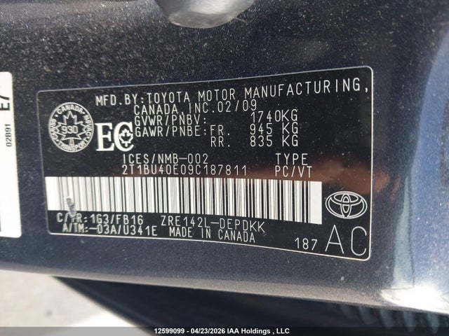 12599099 :رقم المزاد ، 2T1BU40E09C187811 vin ، 2009 Toyota Corolla Ce مزاد بيع