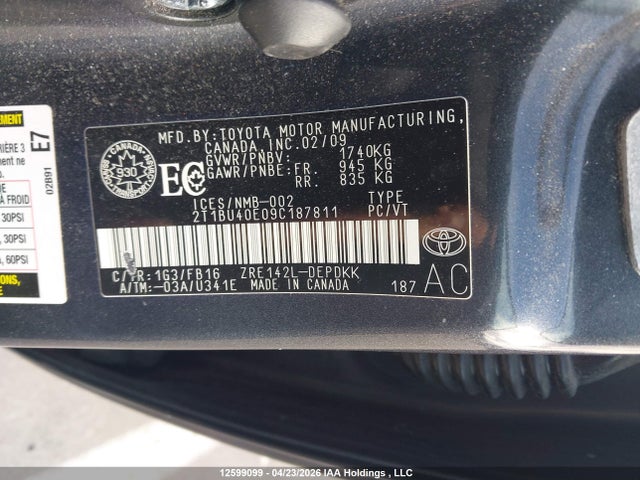 12599099 :رقم المزاد ، 2T1BU40E09C187811 vin ، 2009 Toyota Corolla Ce مزاد بيع