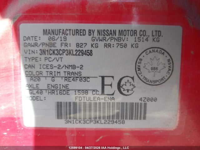 2019 Nissan Micra მანქანა იყიდება აუქციონზე, vin: 3N1CK3CP3KL229458, აუქციონის ნომერი: 12599104