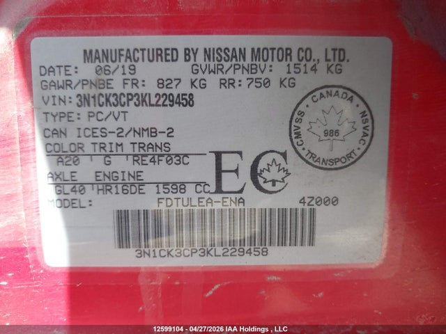 2019 Nissan Micra მანქანა იყიდება აუქციონზე, vin: 3N1CK3CP3KL229458, აუქციონის ნომერი: 12599104