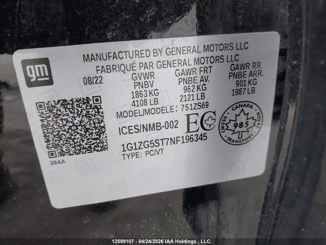 1G1ZG5ST7NF196345 Chevrolet MALIBU RS
