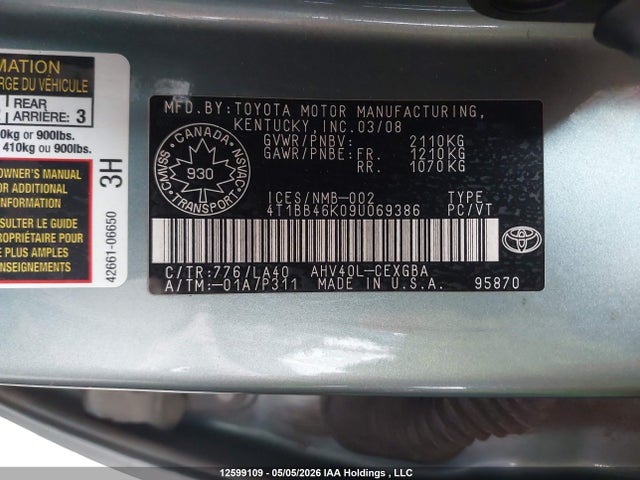 2009 Toyota Camry Hybrid მანქანა იყიდება აუქციონზე, vin: 4T1BB46K09U069386, აუქციონის ნომერი: 12599109