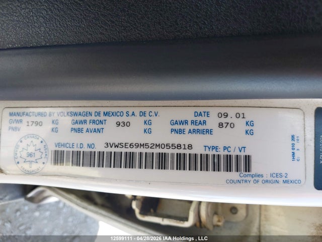 2002 Volkswagen Jetta Gls მანქანა იყიდება აუქციონზე, vin: 3VWSE69M52M055818, აუქციონის ნომერი: 12599111