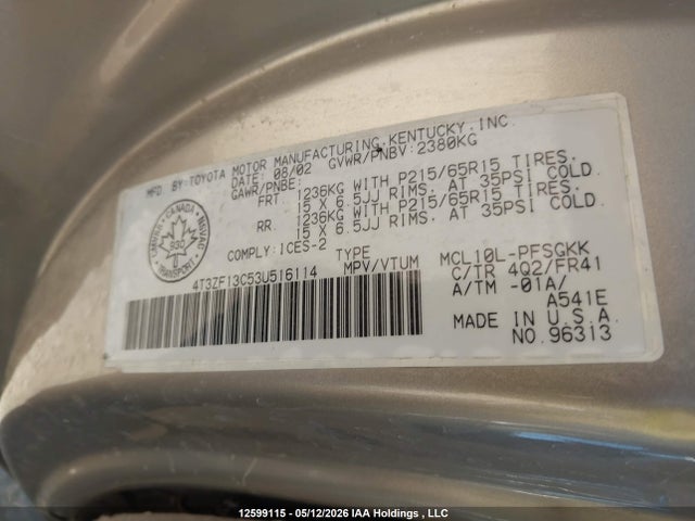 12599115 :رقم المزاد ، 4T3ZF13C53U516114 vin ، 2003 Toyota Sienna Le/xle مزاد بيع