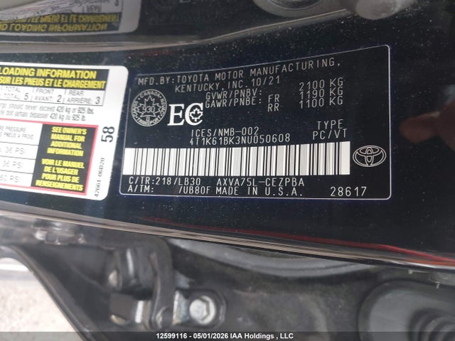 Продаж на аукціоні авто 2022 Toyota Camry Xse, vin: 4T1K61BK3NU050608, номер лоту: 12599116