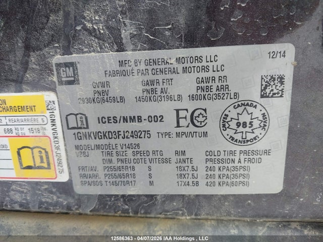 1GNKVGKD3FJ249275 Chevrolet Traverse 1lt