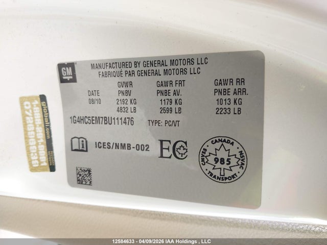 Продажа на аукционе авто 2011 Buick Lucerne Cxl, vin: 1G4HC5EM7BU111476, номер лота: 12584633