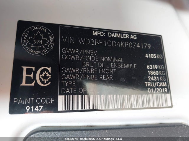 Aukcja sprzedaży 2019 Mercedes-benz Sprinter 2500 High Roof V6, vin: WD3BF1CD4KP074179, numer aukcji: 12582074