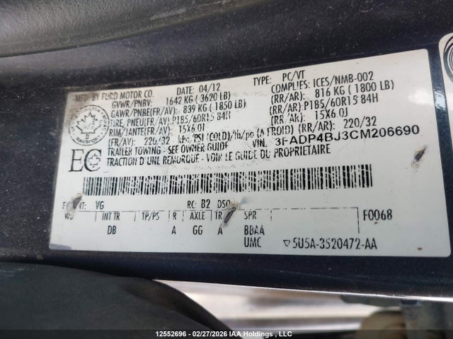 Продаж на аукціоні авто 2012 Ford Fiesta Se, vin: 3FADP4BJ3CM206690, номер лоту: 12552696