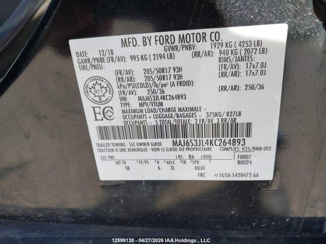 Aukcja sprzedaży 2019 Ford Ecosport Ses, vin: MAJ6S3JL4KC264893, numer aukcji: 12599130