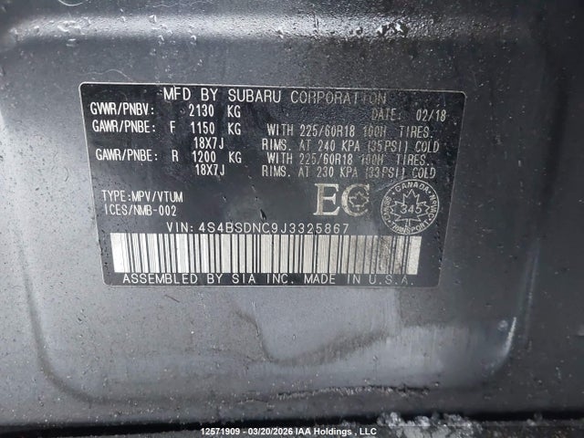 12571909 :رقم المزاد ، 4S4BSDNC9J3325867 vin ، 2018 Subaru Outback 2.5i Limited مزاد بيع