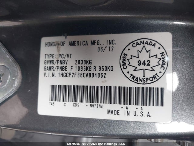 Aukcja sprzedaży 2012 Honda Accord Ex-l, vin: 1HGCP2F86CA804062, numer aukcji: 12579395
