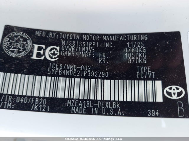2026 Toyota Corolla Le Cvt მანქანა იყიდება აუქციონზე, vin: 5YFB4MDE2TP392290, აუქციონის ნომერი: 12556452