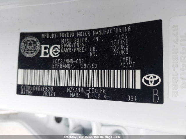 2026 Toyota Corolla Le Cvt მანქანა იყიდება აუქციონზე, vin: 5YFB4MDE2TP392290, აუქციონის ნომერი: 12556452