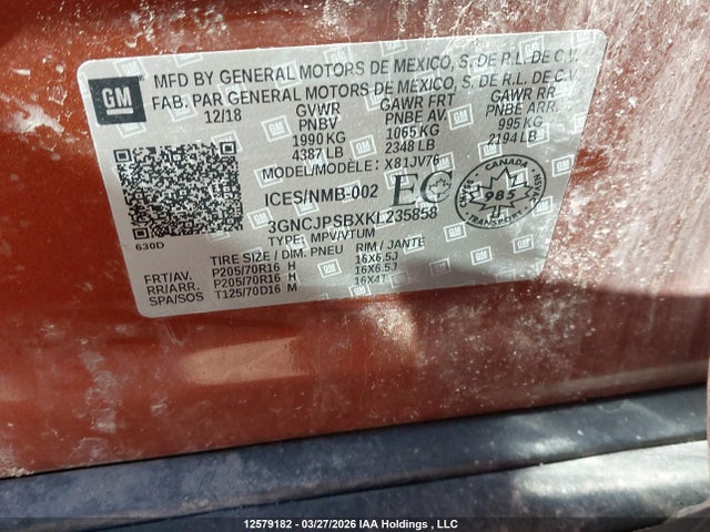 3GNCJPSBXKL235858 Chevrolet Trax Lt
