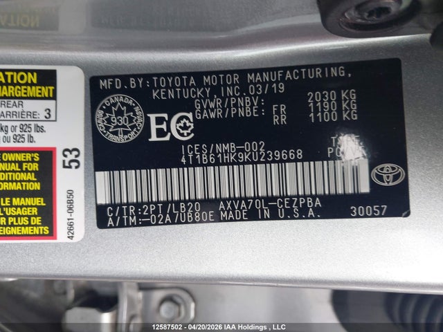 4T1B61HK9KU239668 Toyota CAMRY XSE