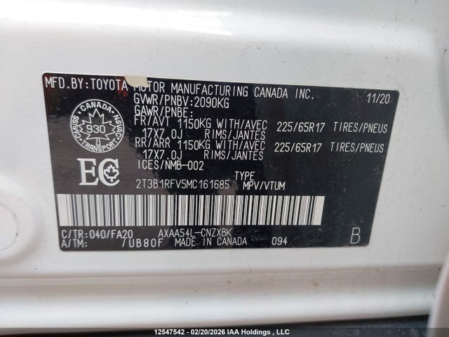 2021 Toyota Rav4 Le მანქანა იყიდება აუქციონზე, vin: 2T3B1RFV5MC161685, აუქციონის ნომერი: 12547542