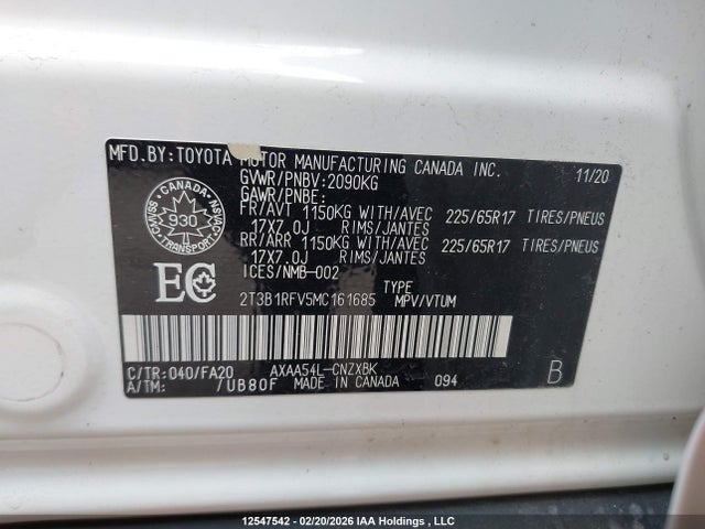 2021 Toyota Rav4 Le მანქანა იყიდება აუქციონზე, vin: 2T3B1RFV5MC161685, აუქციონის ნომერი: 12547542