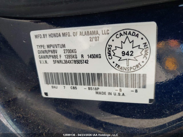 Продаж на аукціоні авто 2007 Honda Odyssey Ex, vin: 5FNRL384X7B505742, номер лоту: 12599136
