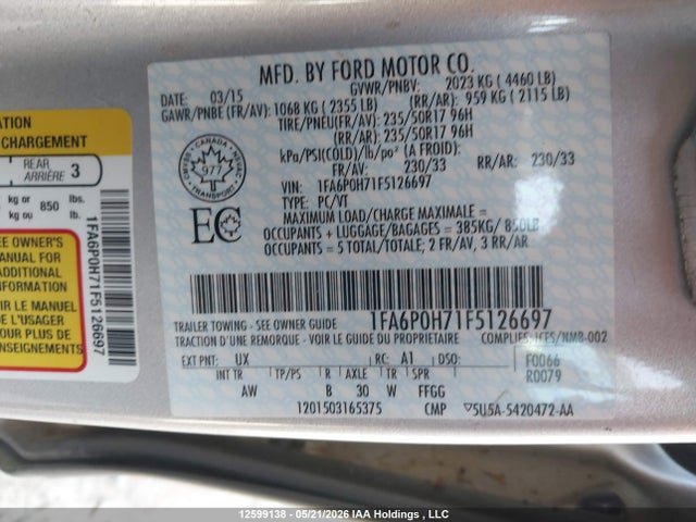 12599138 :رقم المزاد ، 1FA6P0H71F5126697 vin ، 2015 Ford Fusion Se مزاد بيع