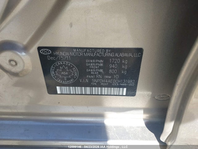 2012 Hyundai Elantra Limited მანქანა იყიდება აუქციონზე, vin: 5NPDH4AE0CH131982, აუქციონის ნომერი: 12599146