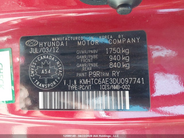 2013 Hyundai Veloster Turbo მანქანა იყიდება აუქციონზე, vin: KMHTC6AE3DU097741, აუქციონის ნომერი: 12599149