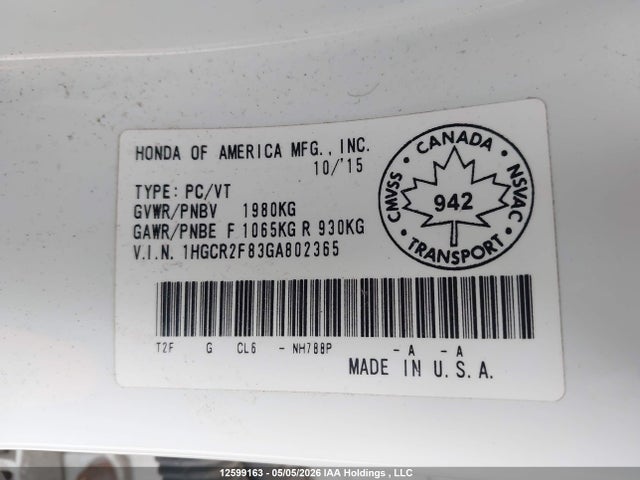 1HGCR2F83GA802365 Honda Accord Ex-l