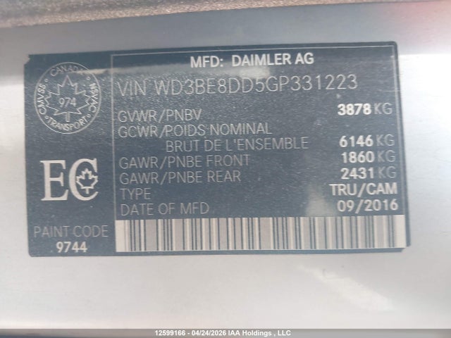 Aukcja sprzedaży 2016 Mercedes-benz Sprinter 2500, vin: WD3BE8DD5GP331223, numer aukcji: 12599166