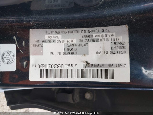 12599171 :رقم المزاد ، 3MZBM1L70GM302243 vin ، 2016 Mazda Mazda3 مزاد بيع