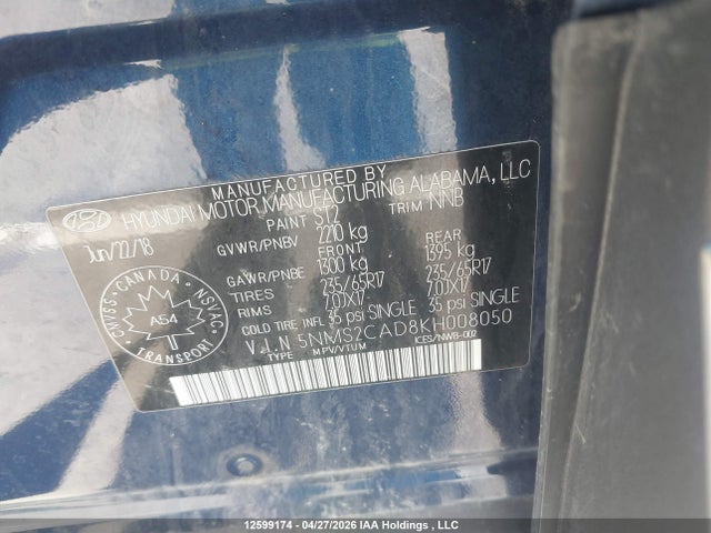 Aukcja sprzedaży 2019 Hyundai Santa Fe Se, vin: 5NMS2CAD8KH008050, numer aukcji: 12599174