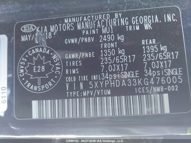5XYPHDA33KG476005 KIA Sorento 2.4l Ex