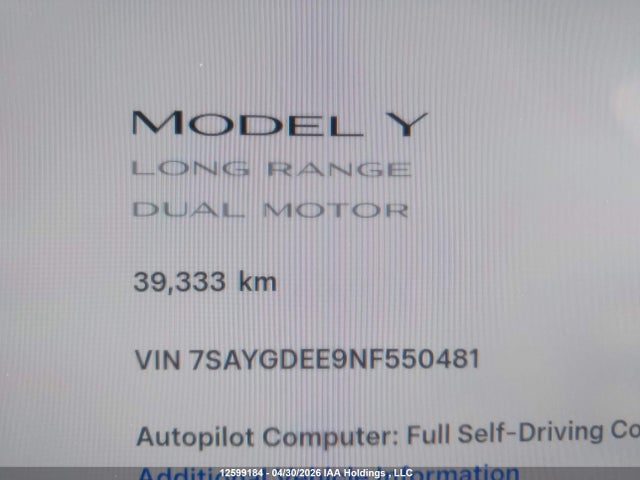 Aukcja sprzedaży 2022 Tesla Model Y, vin: 7SAYGDEE9NF550481, numer aukcji: 12599184