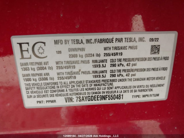 Aukcja sprzedaży 2022 Tesla Model Y, vin: 7SAYGDEE9NF550481, numer aukcji: 12599184