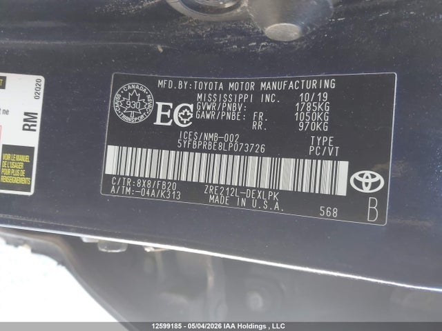 Продаж на аукціоні авто 2020 Toyota Corolla Le, vin: 5YFBPRBE8LP073726, номер лоту: 12599185