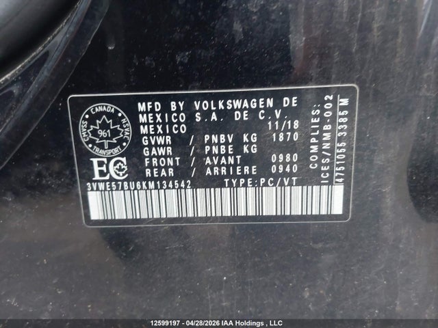 12599197 :رقم المزاد ، 3VWE57BU6KM134542 vin ، 2019 Volkswagen Jetta 1.4 Tsi Highline مزاد بيع