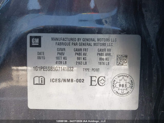 Продажа на аукционе авто 2016 Chevrolet Cruze Limited Lt, vin: 1G1PE5SB5G7141832, номер лота: 12599198