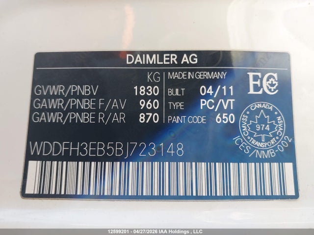 Продаж на аукціоні авто 2011 Mercedes-benz B 200 Turbo, vin: WDDFH3EB5BJ723148, номер лоту: 12599201