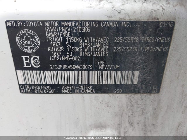 12599204 :رقم المزاد ، 2T3JFREV5GW439079 vin ، 2016 Toyota Rav4 Se مزاد بيع