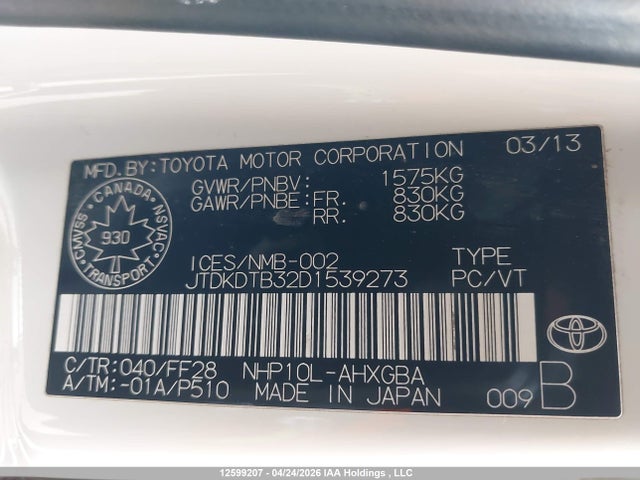12599207 :رقم المزاد ، JTDKDTB32D1539273 vin ، 2013 Toyota Prius C Technology مزاد بيع
