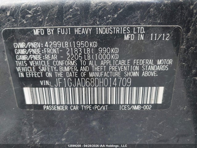 2013 Subaru Impreza მანქანა იყიდება აუქციონზე, vin: JF1GJAD68DH014709, აუქციონის ნომერი: 12599208