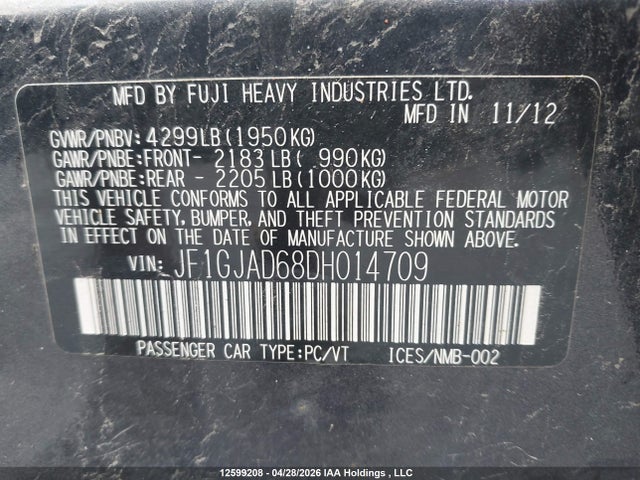 2013 Subaru Impreza მანქანა იყიდება აუქციონზე, vin: JF1GJAD68DH014709, აუქციონის ნომერი: 12599208